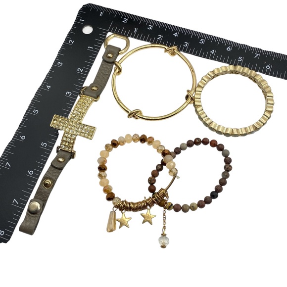 Bracelets Bundle Of 5 Gold Tone Rhinestone Cross Bangle Stretch Boho Style - Picture 6 of 7
